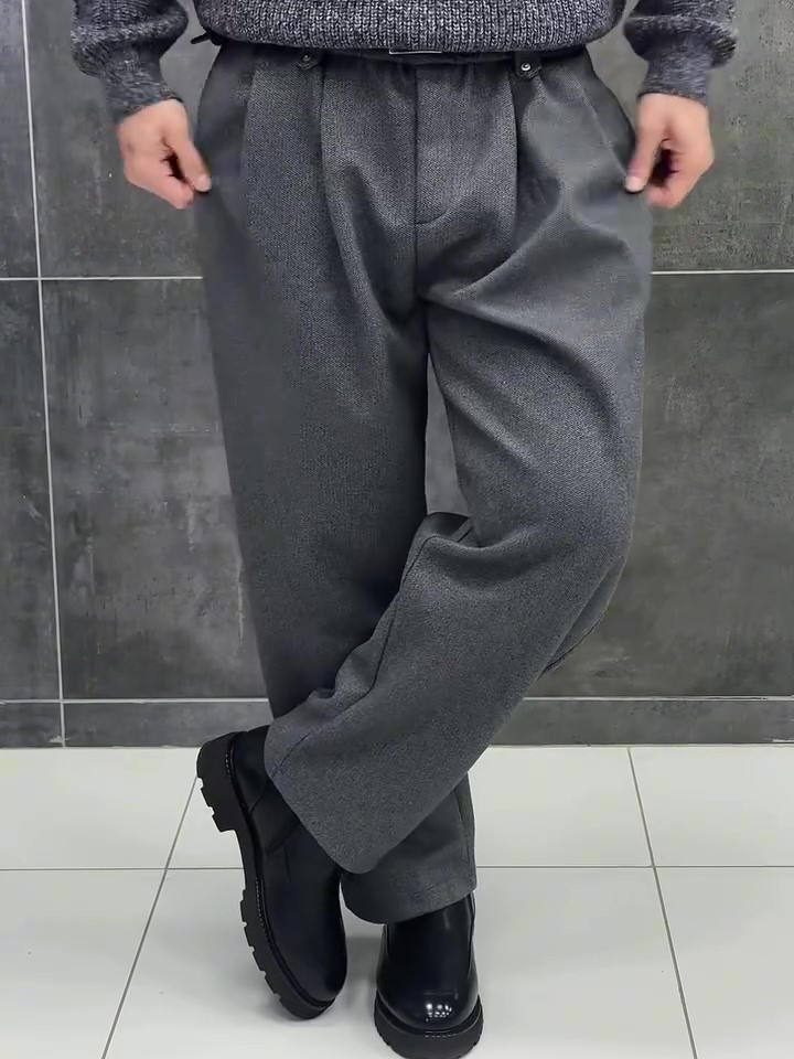 Dark Grey Wool Blend High Waist Pleated Relaxed Pants