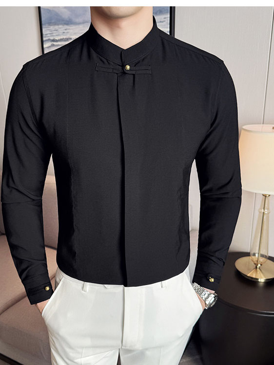 Men's Solid Color Stand Collar Long-sleeved Shirt