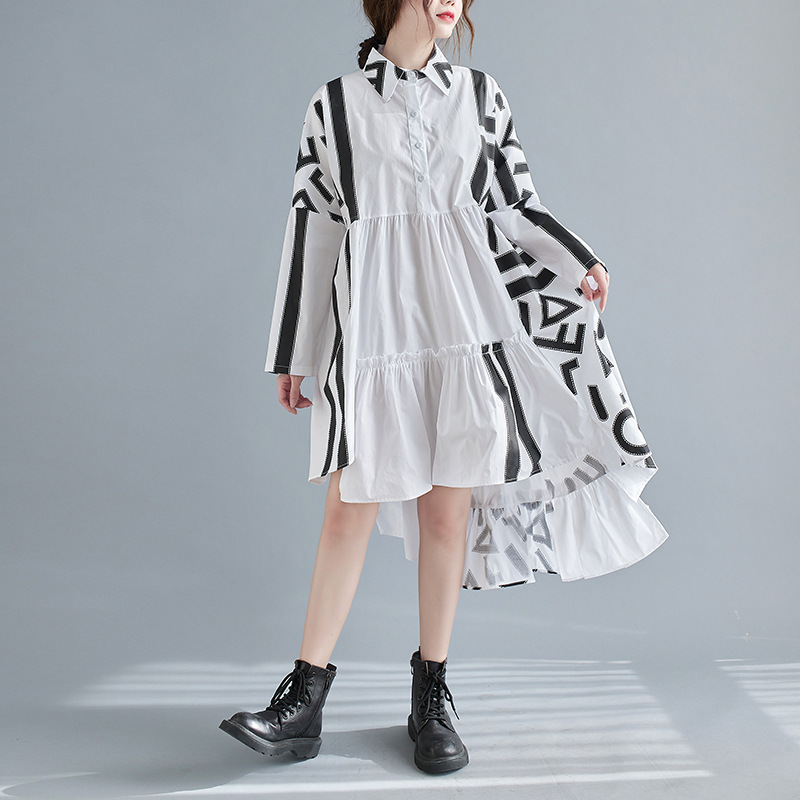 Single Breasted Irregular Ruffled Mid Length Shirt Dress