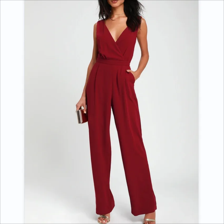 Lady's One-piece Trousers Lace Backless Deep V - Red