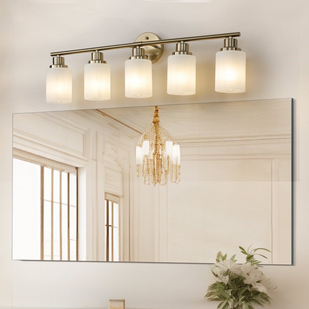 31 Modern 5-Light Vanity Wall Sconce, Golden Finish With Frosted Glass Shades For Bathroom Or Hallway Lighting No Bulbs