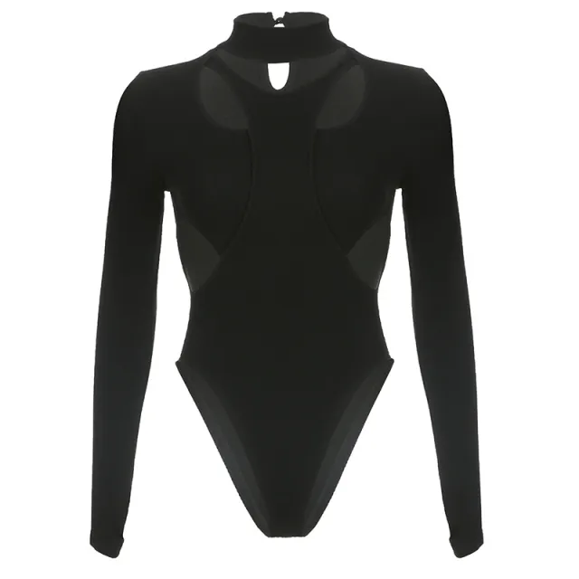 Stand Collar Thread Slim Solid Color Long Sleeve Bottoming Jumpsuit Black - Shop at LoveMi