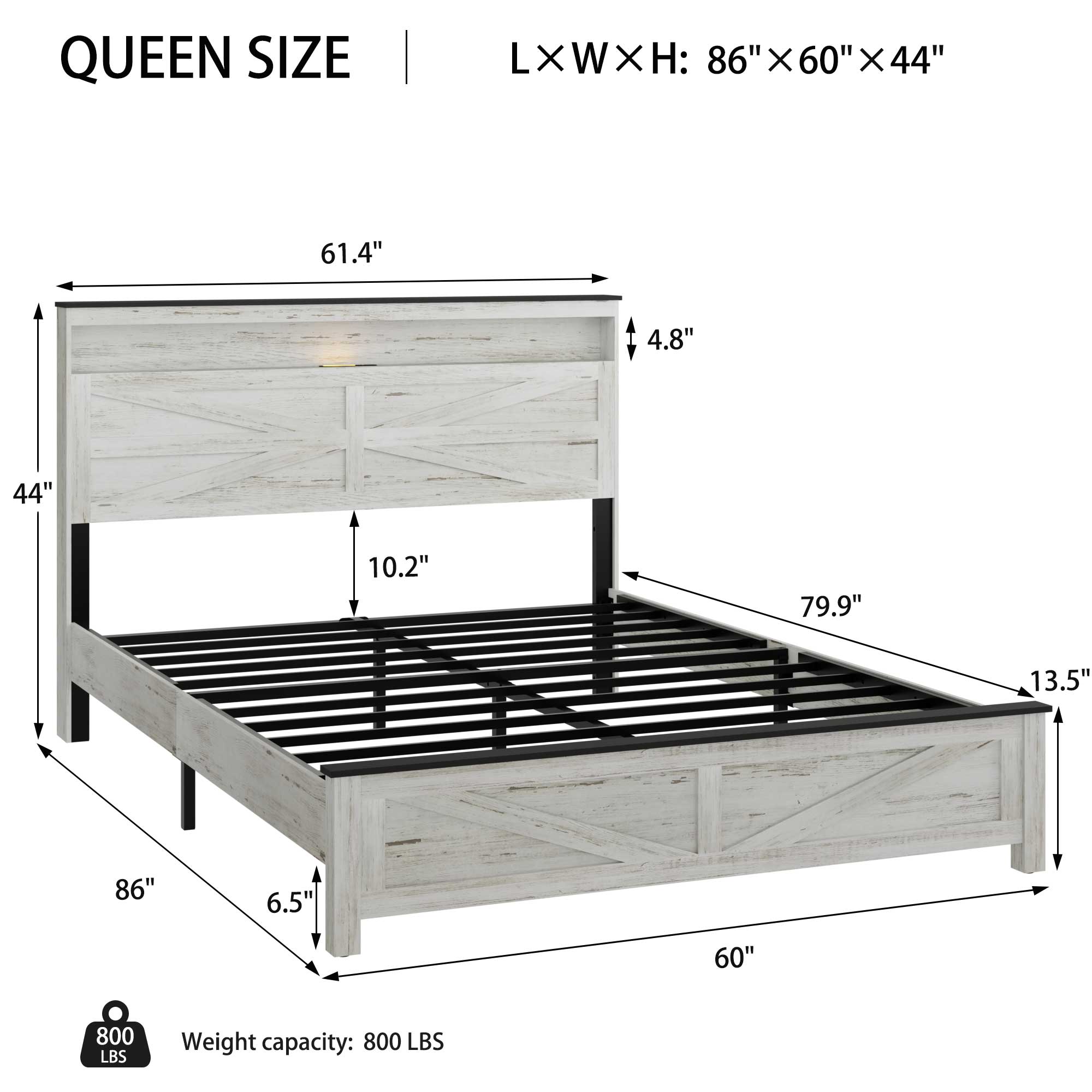 Queen Bed Frame With LED, Charging Station & Hidden Storage, White & Gray — foto 2