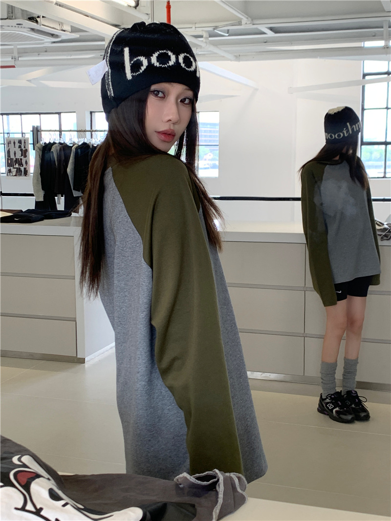 Women's Fashionable Retro Raglan Sleeve Color Contrast Patchwork Long Sleeve Top