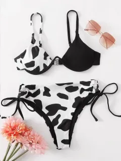 Ladies One Piece Underwire Cow Print Swimsuit - Black - View 1
