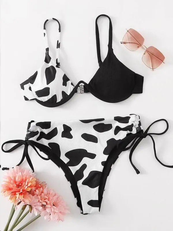 Ladies One Piece Underwire Cow Print Swimsuit Black - Shop at LoveMi