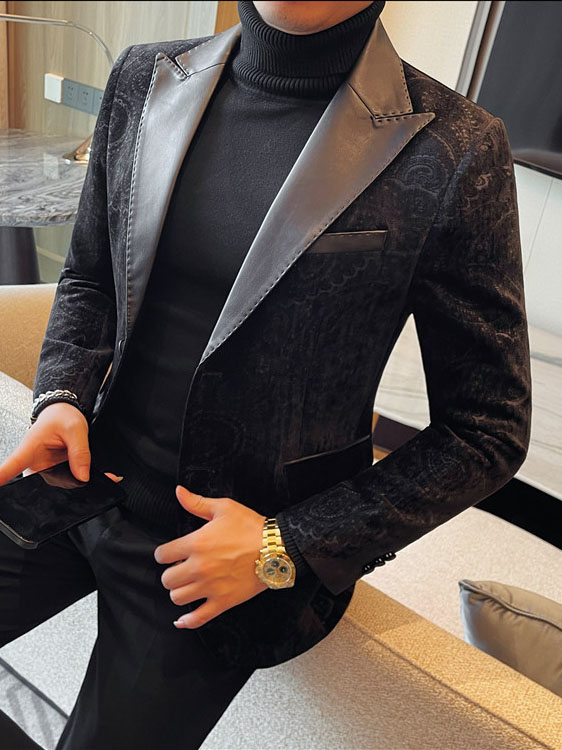 Jacquard Velvet Leather Lapel Men's Blazer