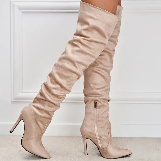 Over The Knee Boots Pointed Toe Stiletto High Heel Long Boots Lady Shoes Apricot - Shop at LoveMi