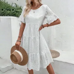 Women's Round Neck Embroidered Lace Short Sleeve A-Line Elegant Summer Vacation Dress - White - View 1