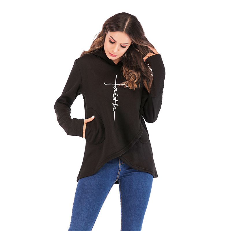 Autumn And Winter Long-sleeved Embroidered Women's Blouse Irregular Hooded Sweater