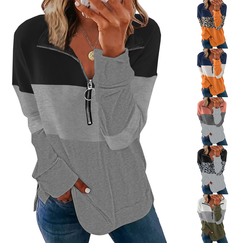 Women's Loose All Match Colorblock Long Sleeve Leopard Print Sweatshirt