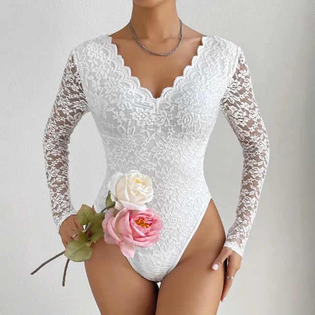 Solid Lace Long Sleeved Slim Fitting Jumpsuit White - Shop at LoveMi