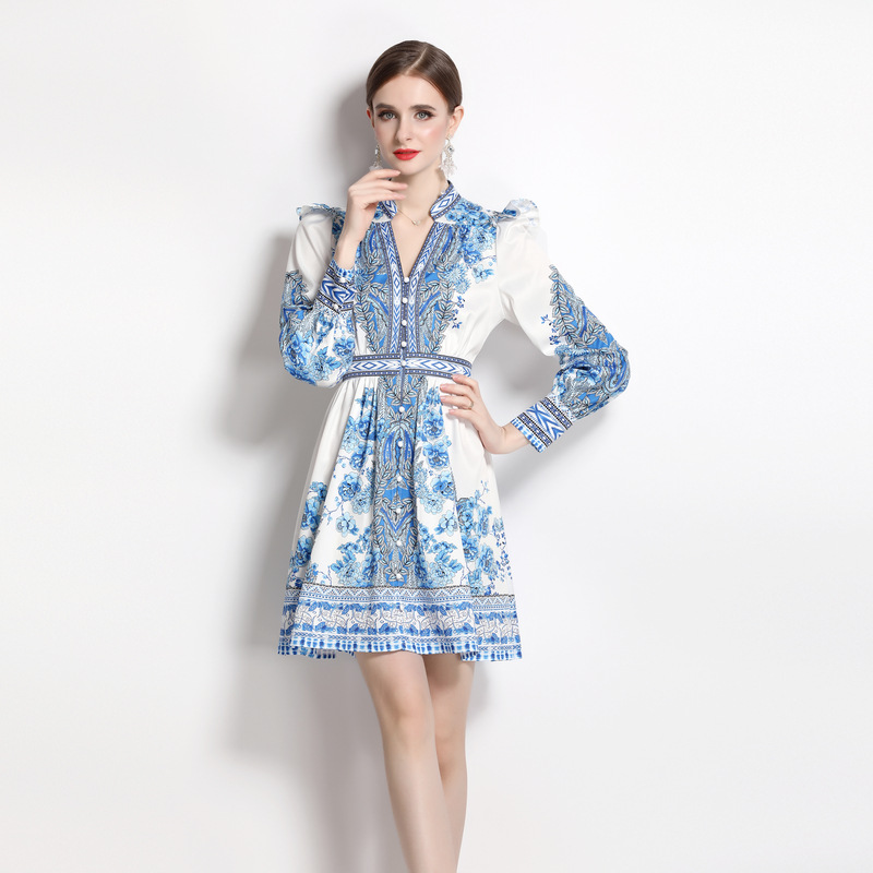 V-neck Single Breasted Lantern Sleeve Waist Dress - 9