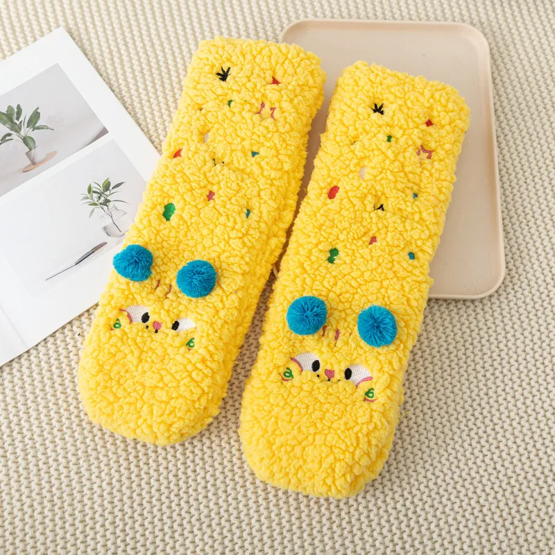 Non Slip Socks Autumu Winter Warm Home Sleeping Soft Fuzzy Floor Sock With Grips Thickened Middle Tube Child Slipper Socks - Yellow