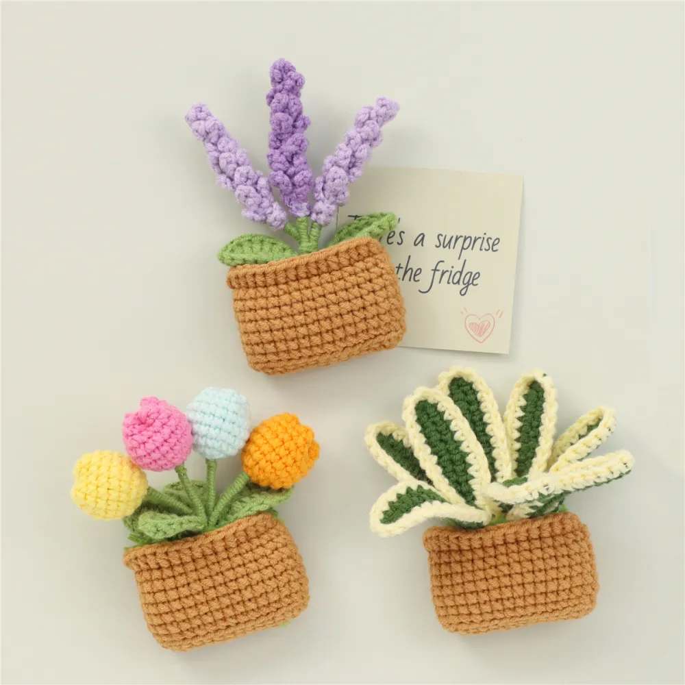 Handmade Crochet Square Pot Green Plant Three Piece Set With Lavender Multicolored Tulip Variegated Foliage Plant Soft Yarn Everlasting Crochet Decor Indoor Home Magnetic Decoration Ornament