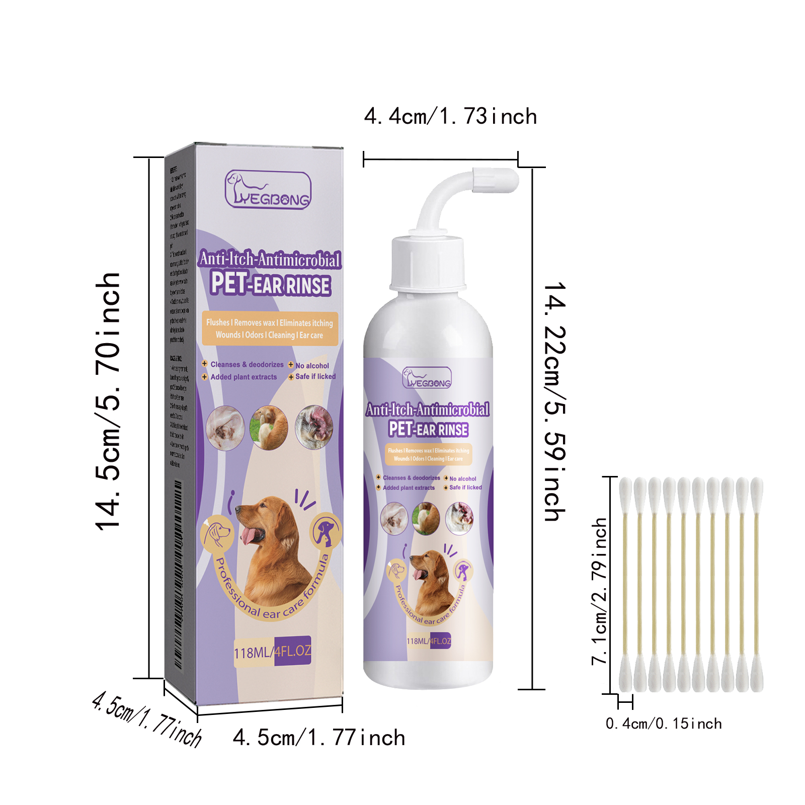 118ml Pet Ear Rinse Cleaner With Glycerin & Disodium EDTA, Anti-Itch Antimicrobial Ear Wash For Dogs Cats, Alcohol-Free Gentle Ear Cleanser With Cotton Swabs — foto 3