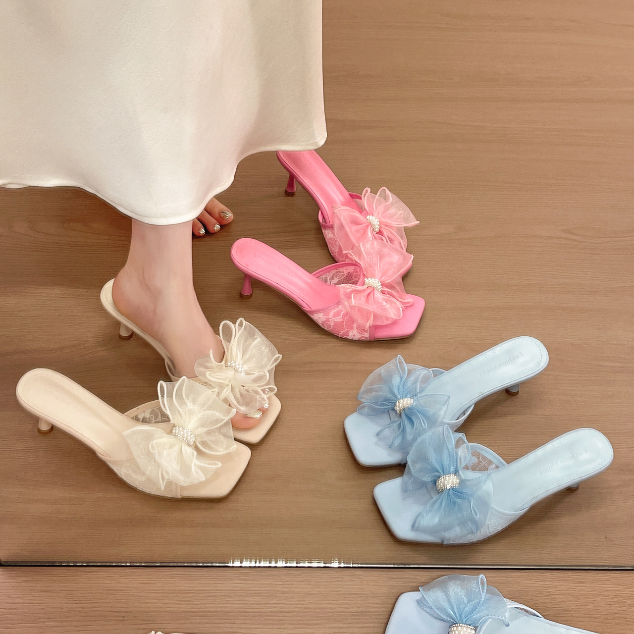 2026 Summer Women Fairy Mesh Bow Mules, Square Toe Stiletto Heel Slide Sandals With Pearl Decor, Lace Breathable Outdoor Dress Shoes