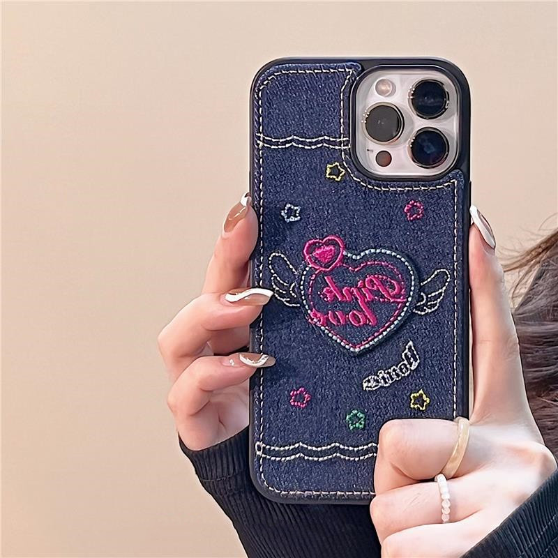 Denim Embroidered Love Phone Case - Image 5