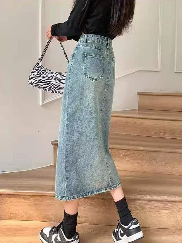 High Waist Slit Denim Skirt For Women A-line Slimming Hip-covering Design Mid-length Skirt