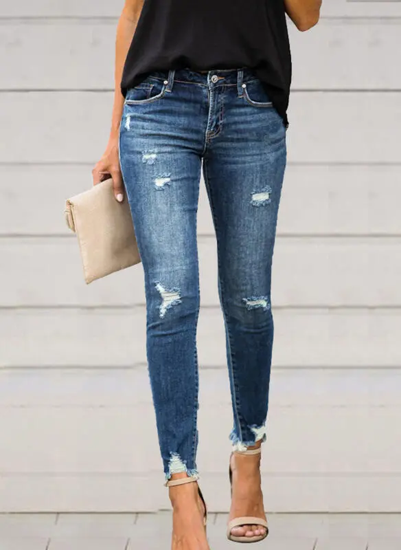 Temperament Commuter Ripped Jeans Women's Feet Pencil Pants Blue - Shop at LoveMi