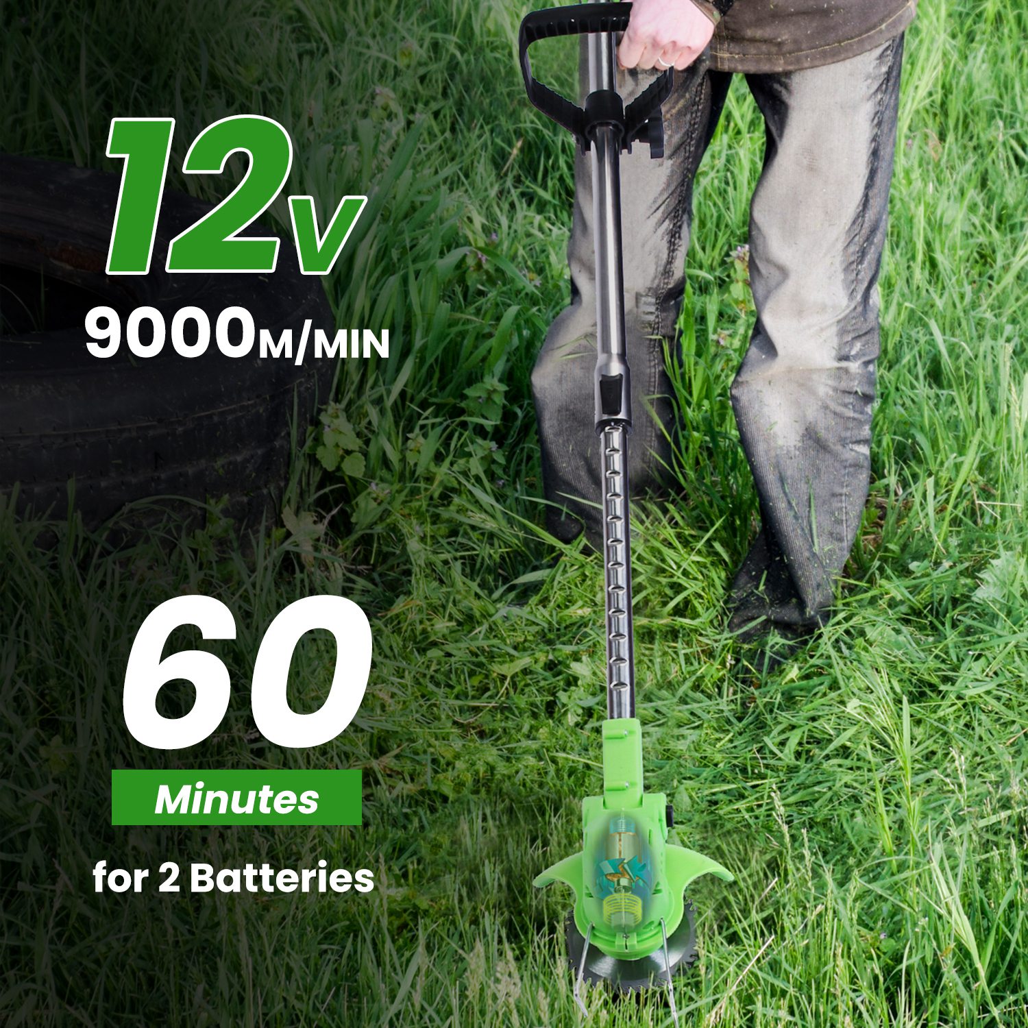 12V 200W Cordless Grass Trimmer Rechargeable Lawn Mower 9000M Per Min Weed Cutter With Saw Blade 2 Stainless Steel Blades 10 Plastic Blades 2 Rechargeable Batteries Goggles Gloves