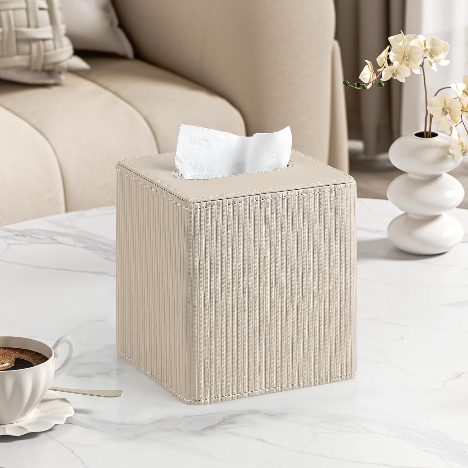 PU Leather Square Tissue Box Cover, Beige Cube Tissue Holder And Napkin Dispenser For Home, Office, Bathroom And Car 2