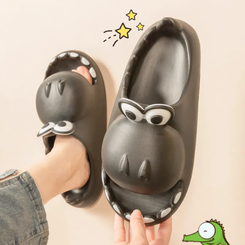 Cartoon Couple Wearing Indoor And Home Parent-child Sandals - Black