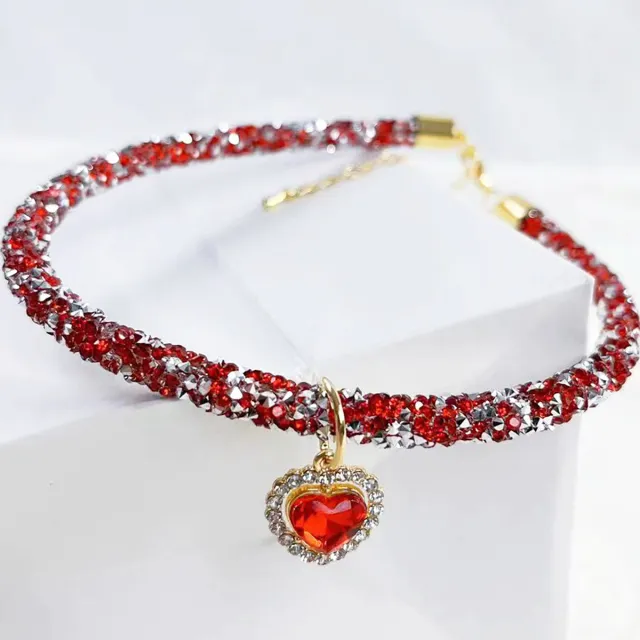 Cat Collar Heart Jewel Pendant Party Reflex Rhinestone Necklace Red - Shop at LoveMi