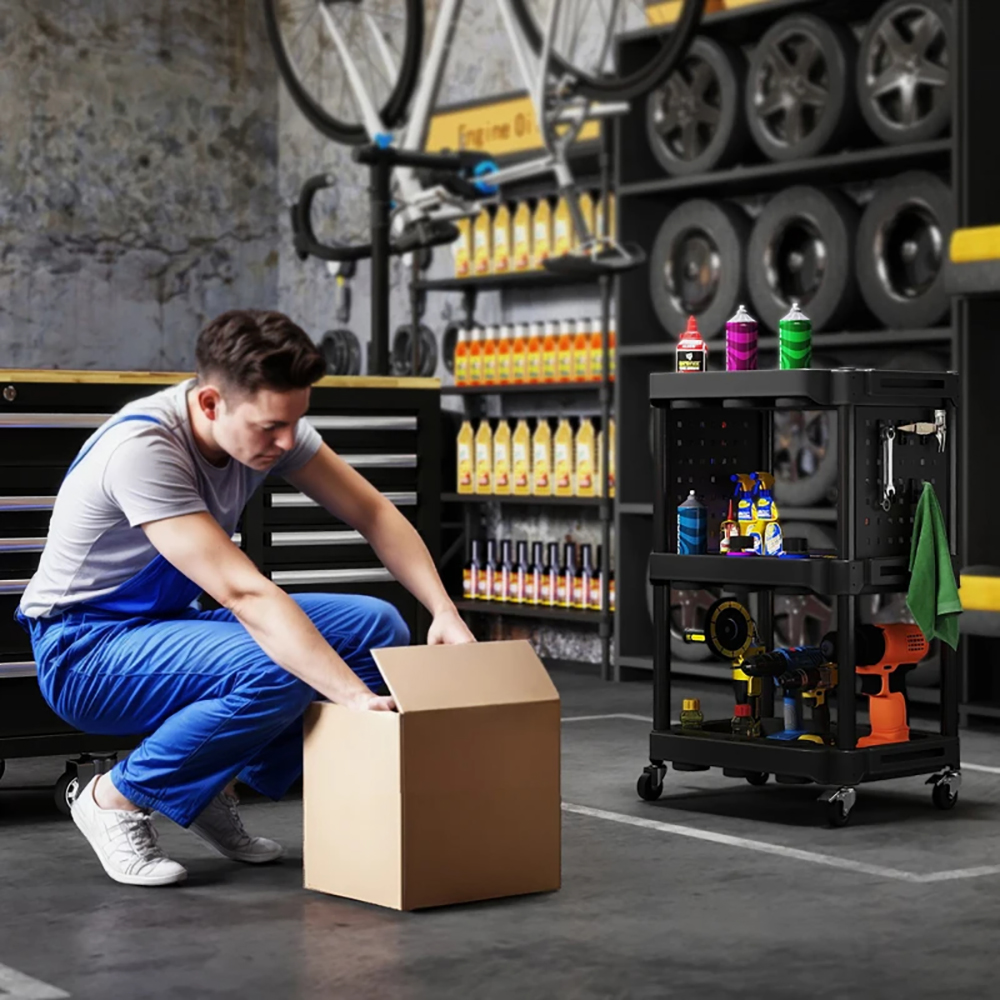 3-Tier Rolling Tool Cart, 200 LBS Capacity Plastic Utility Cart With Side Shelves For Garage, Workshop, Tikt0k Sale Prohibited