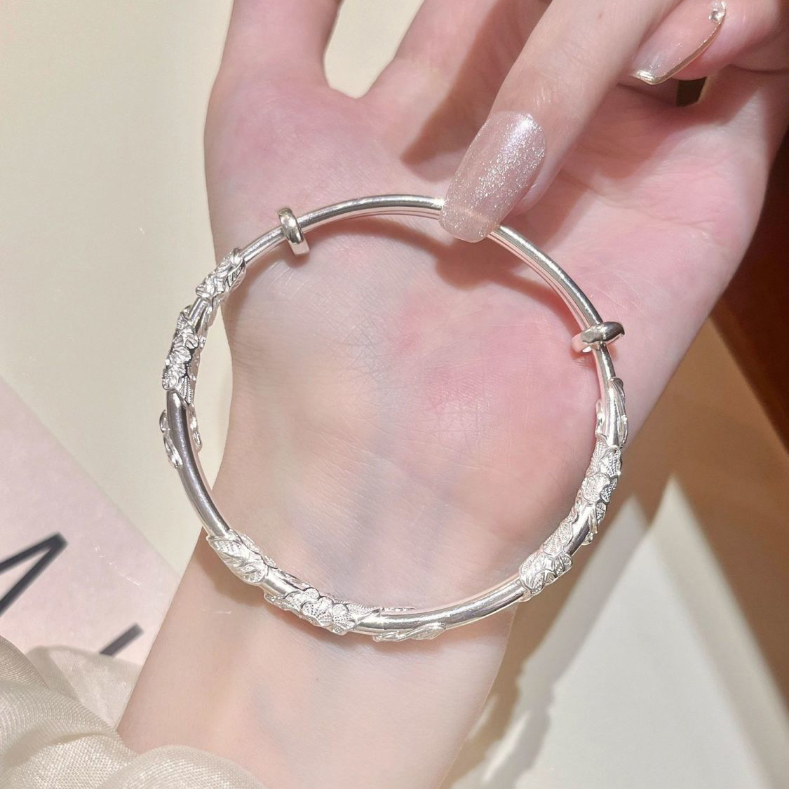 1pcs 925 Sterling Silver Floral Retractable Silver Bangle, Classic Retro Style, Ideal For Birthday & Holiday Gifts