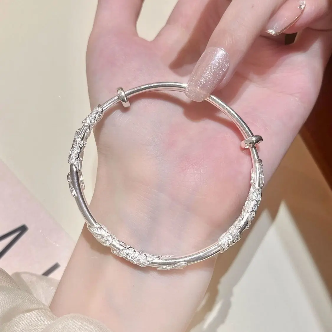 1pcs 925 Sterling Silver Floral Retractable Silver Bangle, Classic Retro Style, Ideal For Birthday & Holiday Gifts