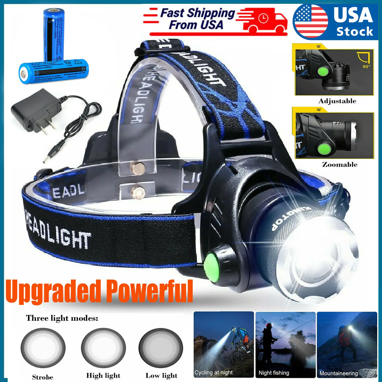 LED Headlamp Rechargeable Head Torch Zoom Headlight