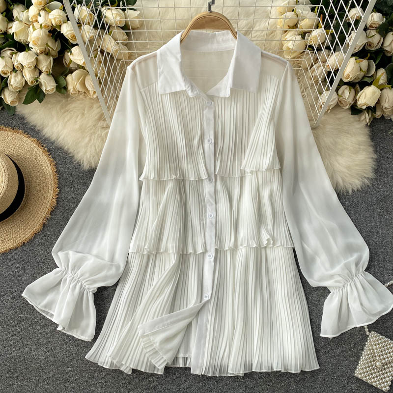 Women's Shirt Design Niche Pleated Ruffled Bubble Horn Sleeve Chiffon Top
