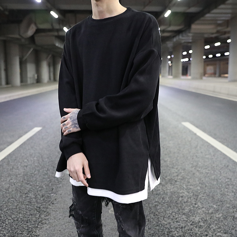 Fake Two Layered Hem Slit Loose Long-sleeved T-shirt