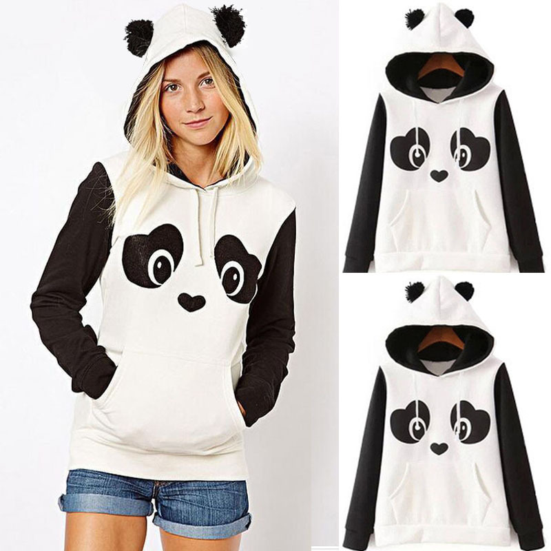 Hippie Cute Playful Panda Printing Fleece Black And White Contrast Color Women's Sweater