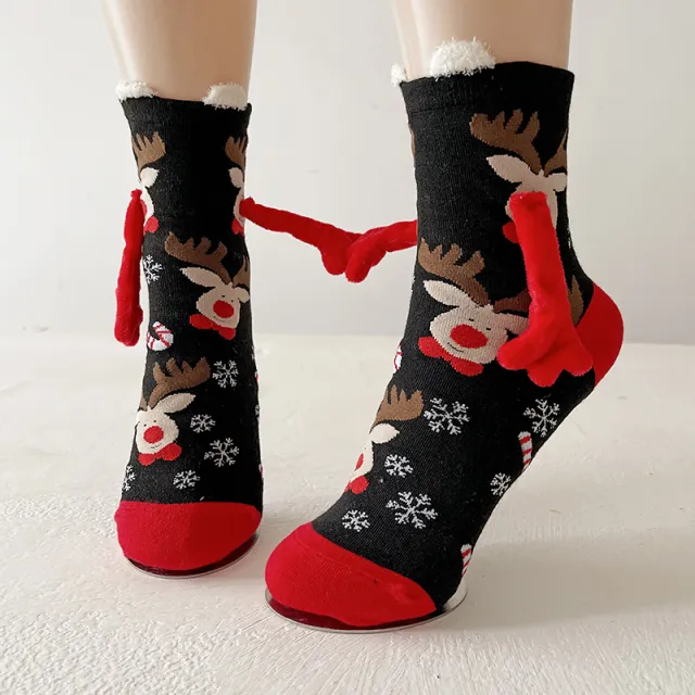 Christmas Magnetic Socks Cute Elk Santa Claus Snowman Hand holding Socks For Couple Black Elk - Shop at LoveMi