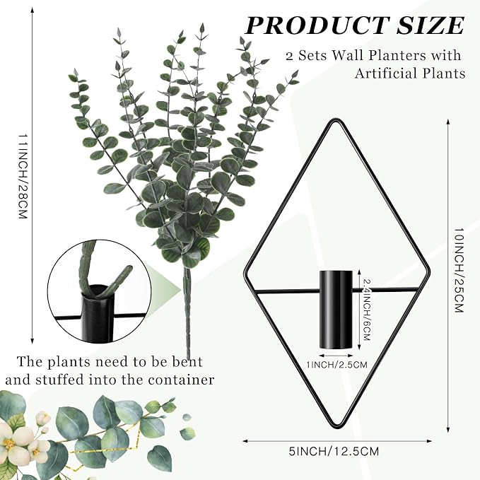 2 Pcs Hanging Artificial Planters Wall Decor With Eucalyptus Leaves Black Home Decoration 3
