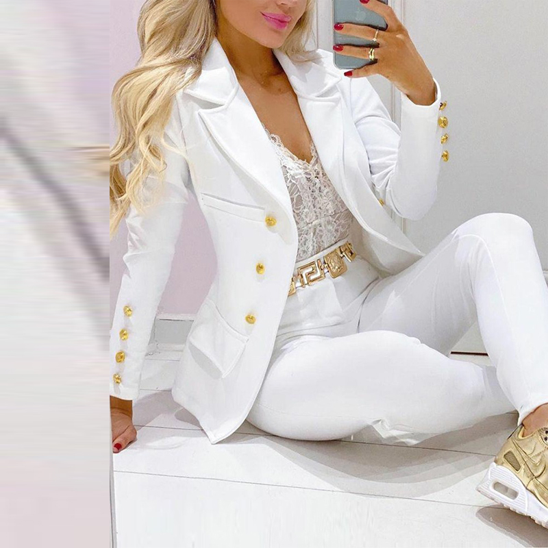 Women's Solid Color Notch Lapel Suit Set, Slim Fit Blazer With Pocket & Trousers, Formal Office Pant Suit White - Shop at LoveMi
