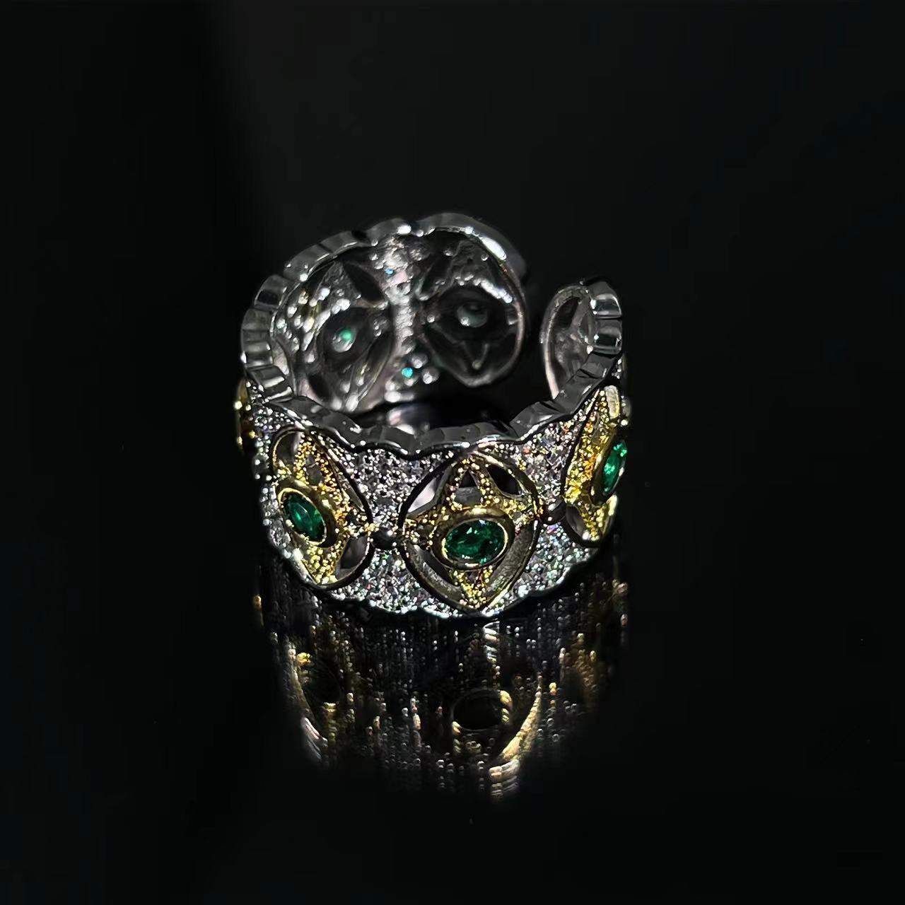 Vintage Two-tone Gold Venice Tears Green Zircon Earrings, French Retro Vintage Emerald Star Moon Eye Ring, Gold Plated Copper Jewelry