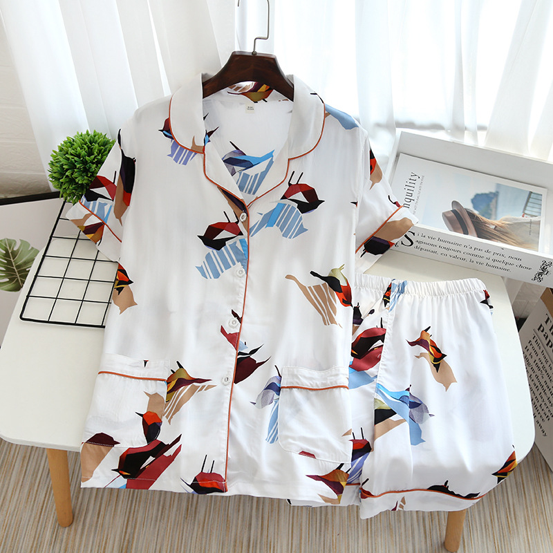 Silk Cotton Print Cartoon Casual Geometric Pajama Shorts Short Sleeve Combination