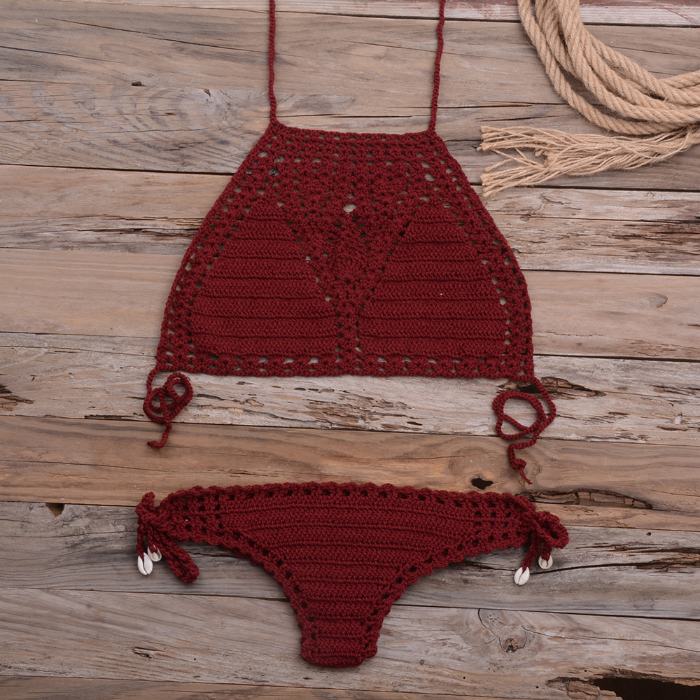 Beach Bikini Sexy Pure Hand Hook Braided Hollowed Out Split Swimsuit Set