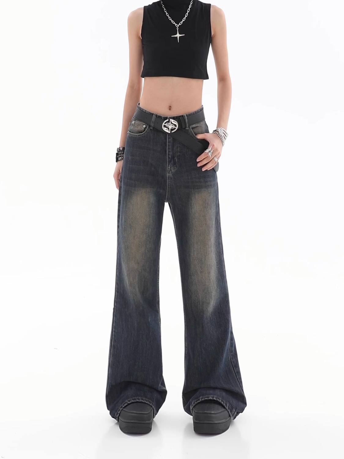 Title 14, Damen Loose Hänge Jeans Vintage Destroyed Strai...