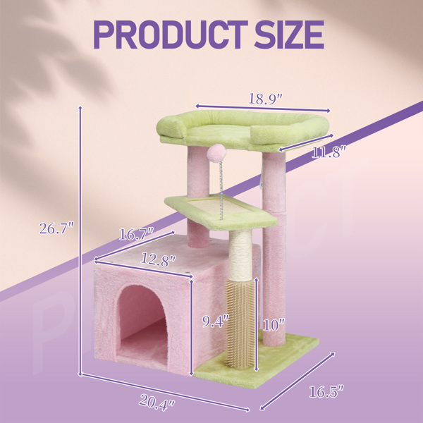 27.5in Cat Tree, Multi-level Cat Tower With Cat Scratching Post And Pad, Cozy Cat Condo, Padded Top Bed For Kittens And Indoor Cats, Pink & Green