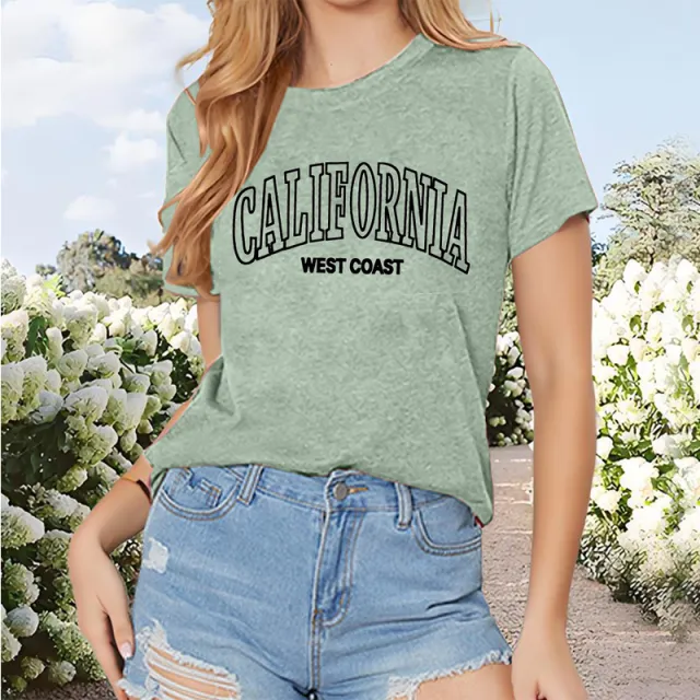 Women's 'GALIFORNIA' Print Short Sleeve T Shirt Casual Round Neck Summer Tee Green - Shop at LoveMi