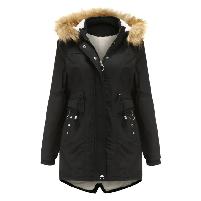 Mid length Detachable Hood And Fur Collar Women's Cotton Coat Black - Shop at LoveMi