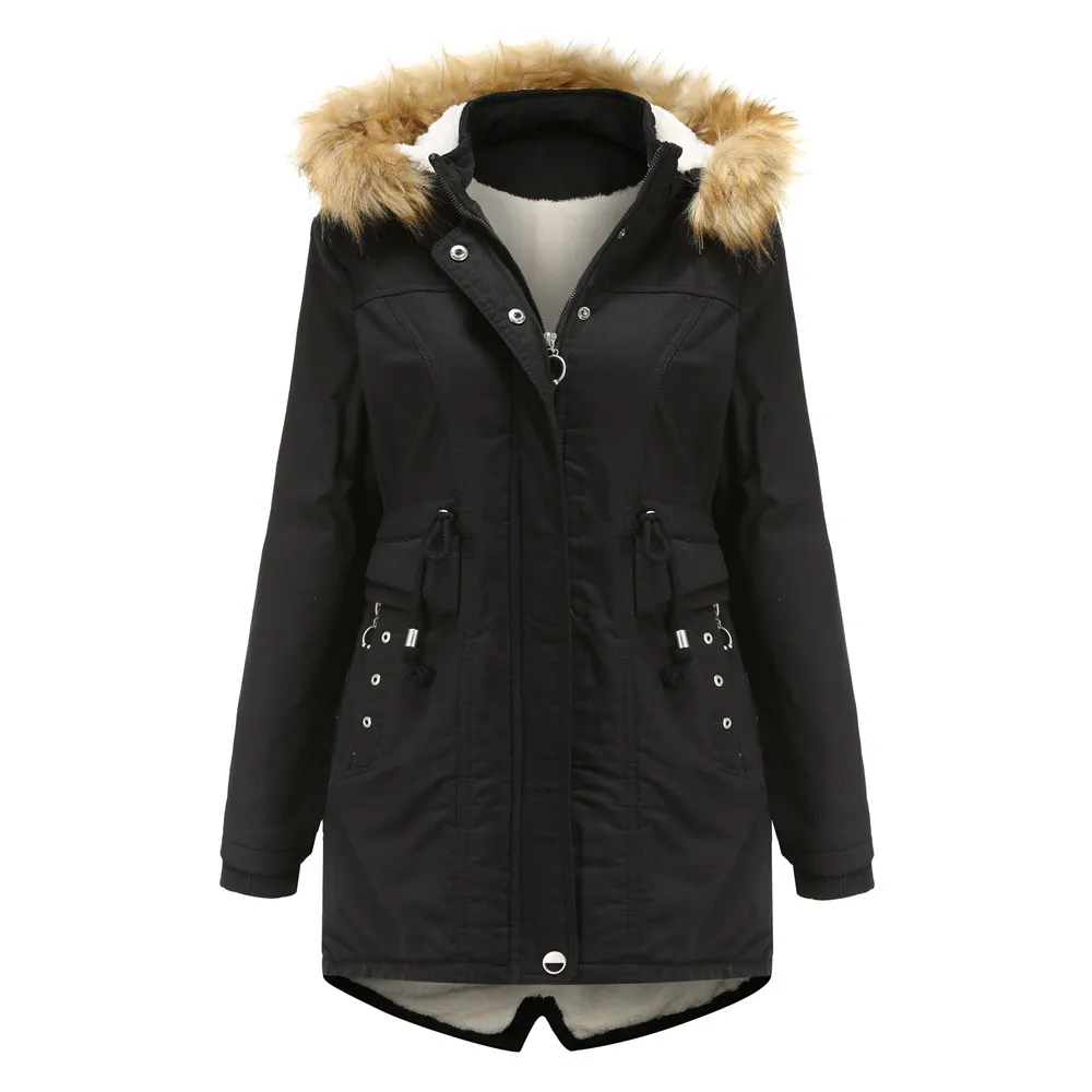 Mid-length Detachable Hood And Fur Collar Women's Cotton Coat - Black