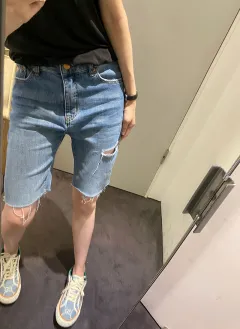 Pants Plus Size Sister Personality Wide-leg Ripped Denim Five-point Pants - Blue - View 1