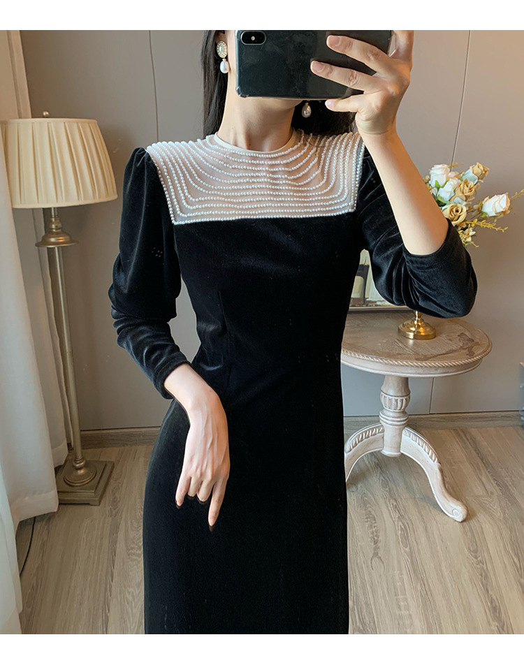 Slim Fit Slim Wrap Hip Black Velvet Dress