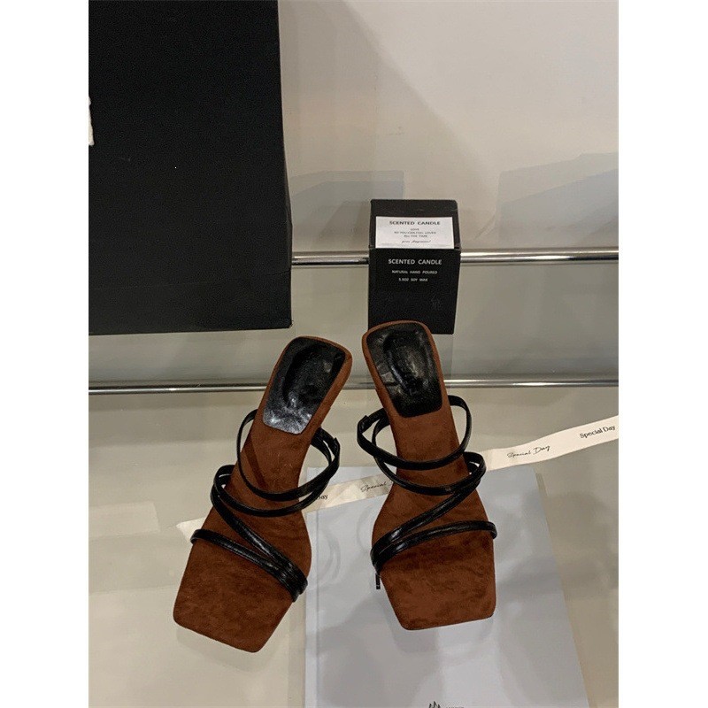 Fairy Style One-piece Toe Exposed Square Slippers For Women, French Style Exquisite High Heels, Cool Slippers