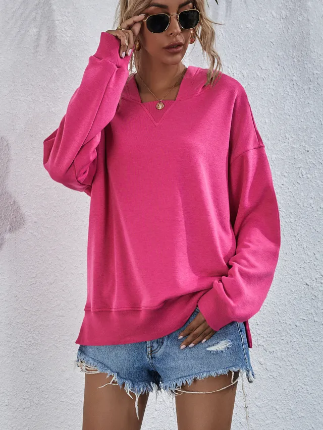 Women's Hoodie Sweatshirt Sports Casual Candy Color Long Sleeve Tops Clothes Rose Red - Shop at LoveMi